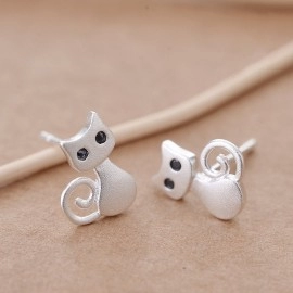 925 Sterling Silver Cute Cat Stud Earring for Woman Girl Excellent Animal Unique Jewelry Earring