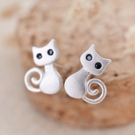 925 Sterling Silver Cute Cat Stud Earring for Woman Girl Excellent Animal Unique Jewelry Earring
