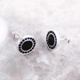 Round Black Small Stud Earrings Europe Style Fine Good Jewerly For Women Brand New Gift In Real 925 Sterling Silver