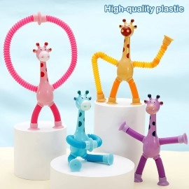 Pop Tubes Stress Relief Telescopic Giraffe Fidget Toys Squeeze Children Suction Cup Toys Cartoon Sensory Bellows Toys Gifts